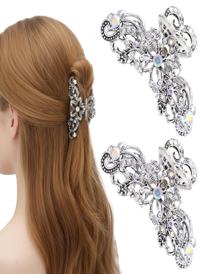 WJIAAA Rhinestone Hair Claw Clips, 2 Pcs Baroque Crystal Hair Claws with Nostalgic Style Hollow out Design, Sparkly Diamond Fancy Clips for Women Silver Crystal Bling Claw Clip Glitter Diamond - Image 1